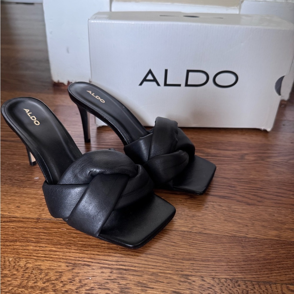 Aldo Black Heeled Mules with Square Toe and Twisted Strap